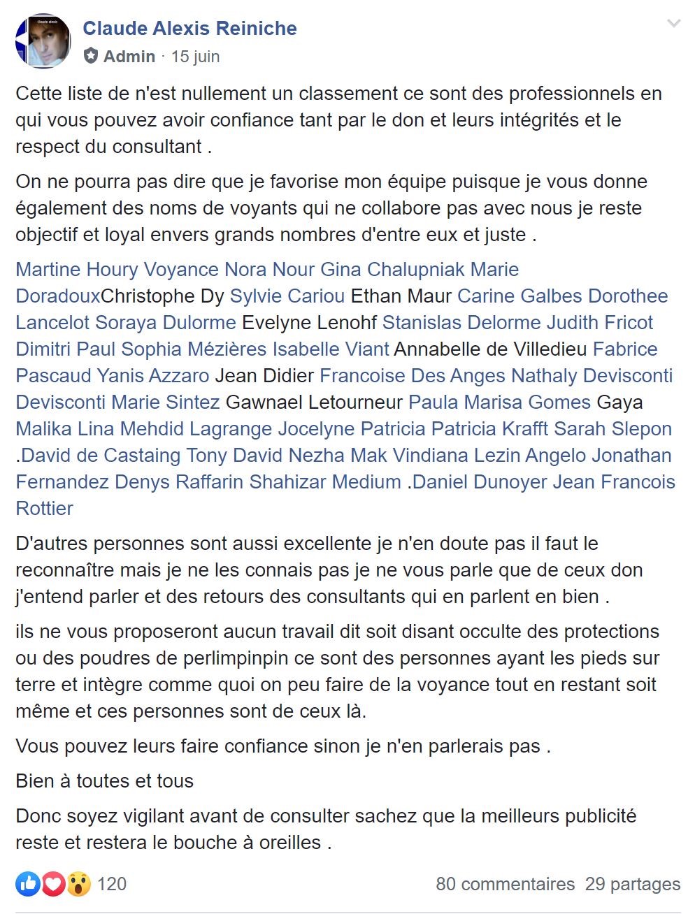 Publication de Claude Alexis : liste de professionnels de confiance, comprenant Patricia et Annabelle de Villedieu